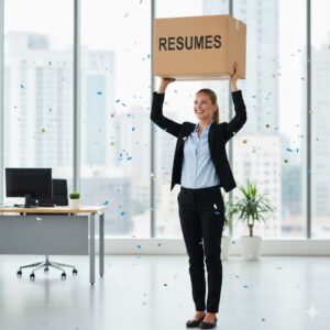 Woman holding heavy box of resumes.